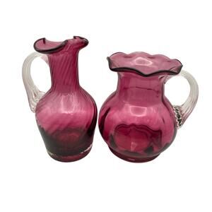 Pilgrim Art Glass Cranberry Mini Pitcher/Vase Ruffle w/ Clear Swirl Handle 2 pcs